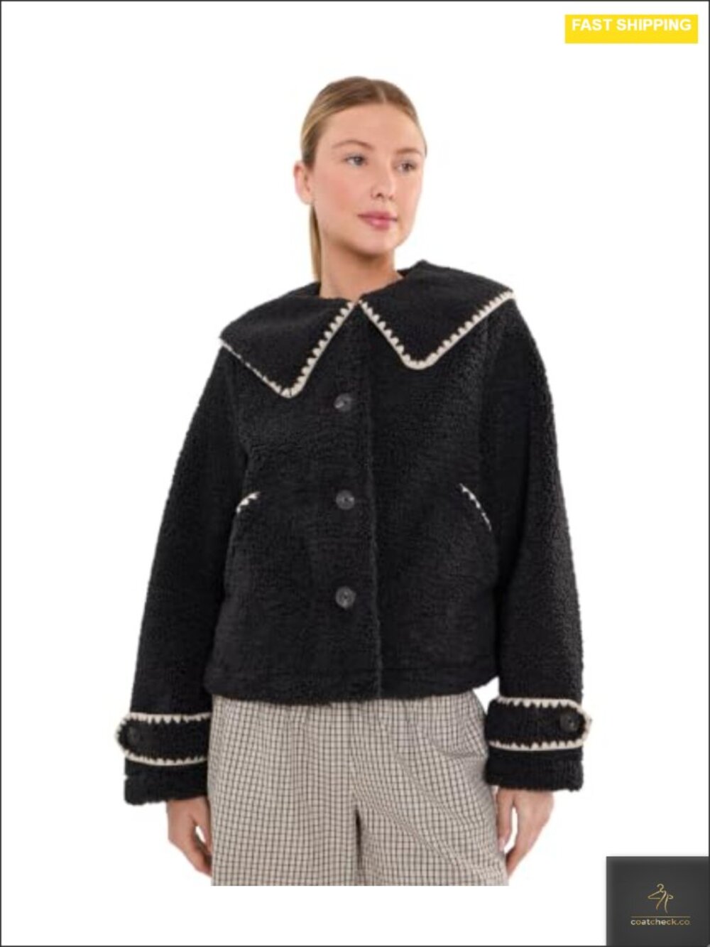 Relaxed Fit Plush Fleece Collar Button Down Jacket Recycled Polyester
